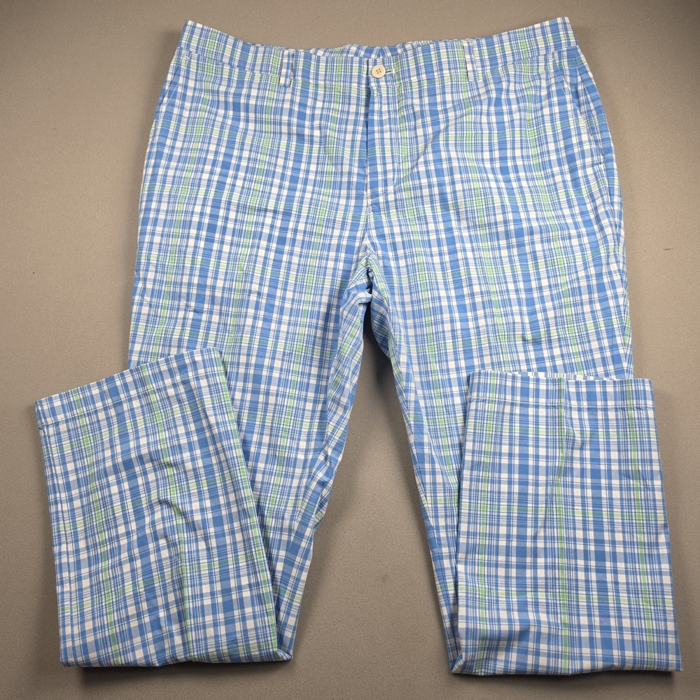 Vineyard Vines Men's 40x32 Blue Green Plaid Madras Flat Front Chino Pants Cotton